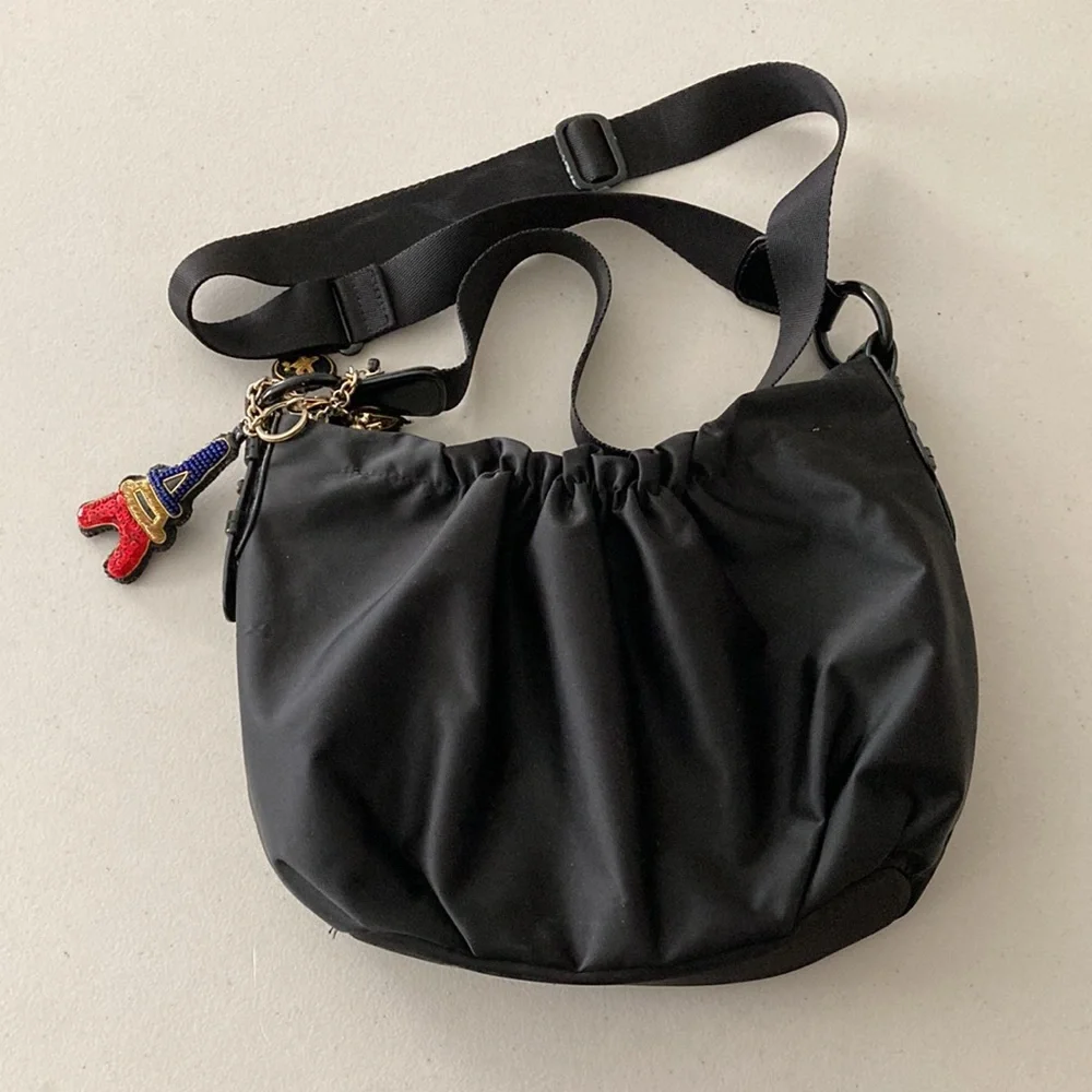 Agnes b. Black Purse, Heavy Satin, Zipper, Designer Bag Charms, Inner Pockets - Picture 2 of 16